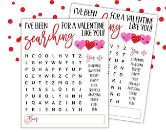 May include: A printable Valentine's Day word search puzzle with the words "I've been searching for a Valentine like you!" at the top. The puzzle features the words "charming, awesome, lovely, happy, cool, friendly, amazing, super, cute, fun".