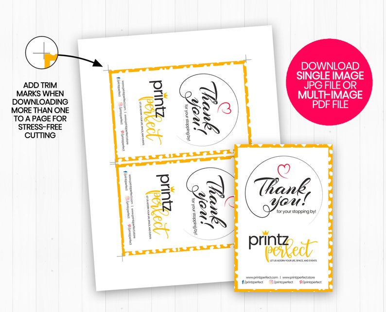 May include: Two printable thank you tags with a yellow and white polka dot pattern. The text on the tags reads "Thank you! for your stopping by" and "Printz Perfect".