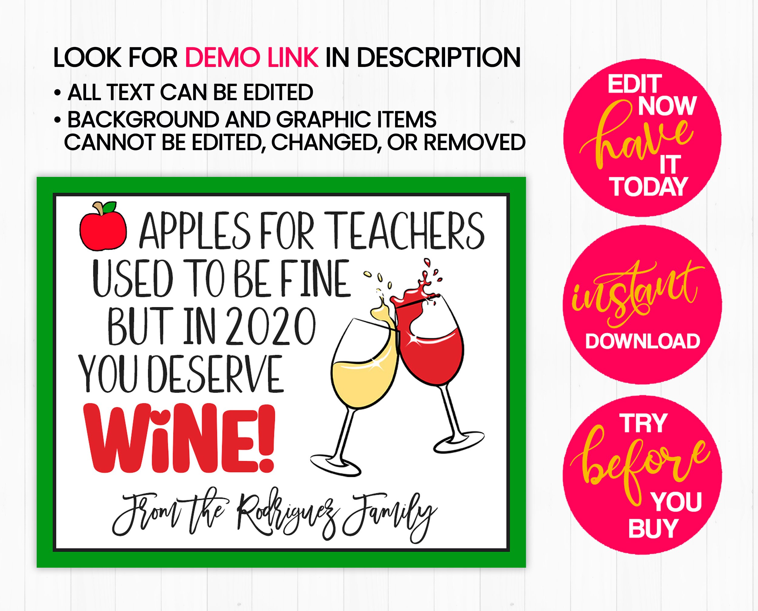 PRINTABLE Teacher Thank You Appreciation Gift Tag for Wine Lovers ...