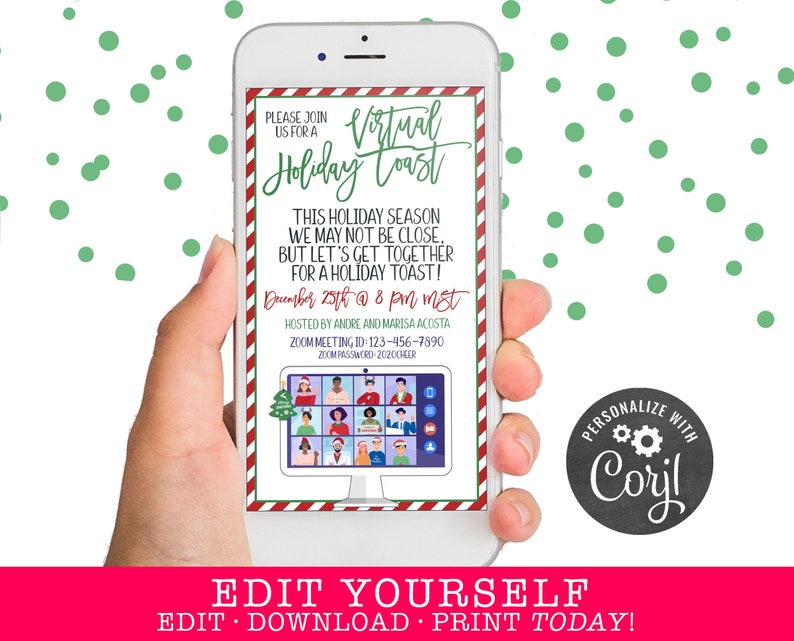 Puede incluir: Una invitaci&oacute;n imprimible para un brindis virtual de Navidad. La invitaci&oacute;n presenta un borde rojo y blanco a rayas con un &aacute;rbol de Navidad verde y una pantalla de computadora que muestra un grupo de personas en una videollamada. El texto de la invitaci&oacute;n dice "Virtual Holiday Toast" e incluye la fecha, la hora y la informaci&oacute;n de la reuni&oacute;n de Zoom. La invitaci&oacute;n est&aacute; personalizada con el texto "Personalizar con Coril".