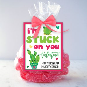 May include: A pink and green Valentine's Day gift tag with a cactus illustration and the text "I'm stuck on you Valentine! From your friend, Margot Connor."