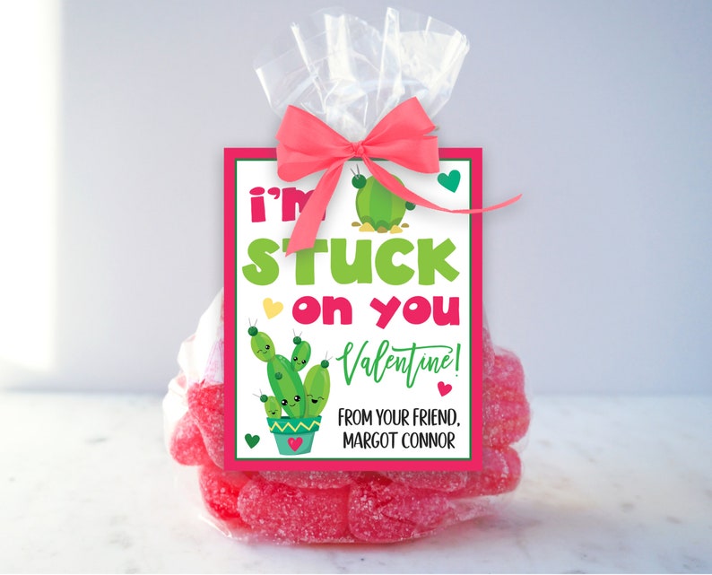 May include: A pink and green Valentine's Day gift tag with a cactus illustration and the text "I'm stuck on you Valentine! From your friend, Margot Connor."