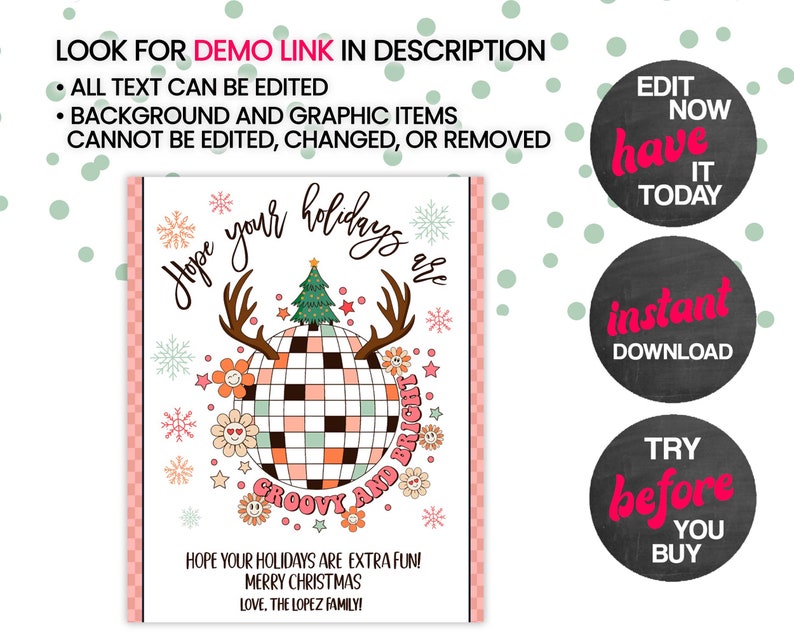 K&ouml;nnte beinhalten: Eine druckbare Weihnachtskarte mit einer Discokugel, einem Weihnachtsbaum und Rentiergeweihen. Der Text lautet "Ich hoffe, deine Feiertage sind groovy und hell!" und "Ich hoffe, deine Feiertage sind besonders sch&ouml;n! Frohe Weihnachten. Liebe, die Familie Lopez!"