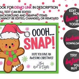 May include: A digital printable Christmas card featuring a gingerbread man with a broken leg. The card has a green background with pink snowflakes and the text "Oooh... SNAP! Hope you have an awesome Christmas! From Nick & Taylor".