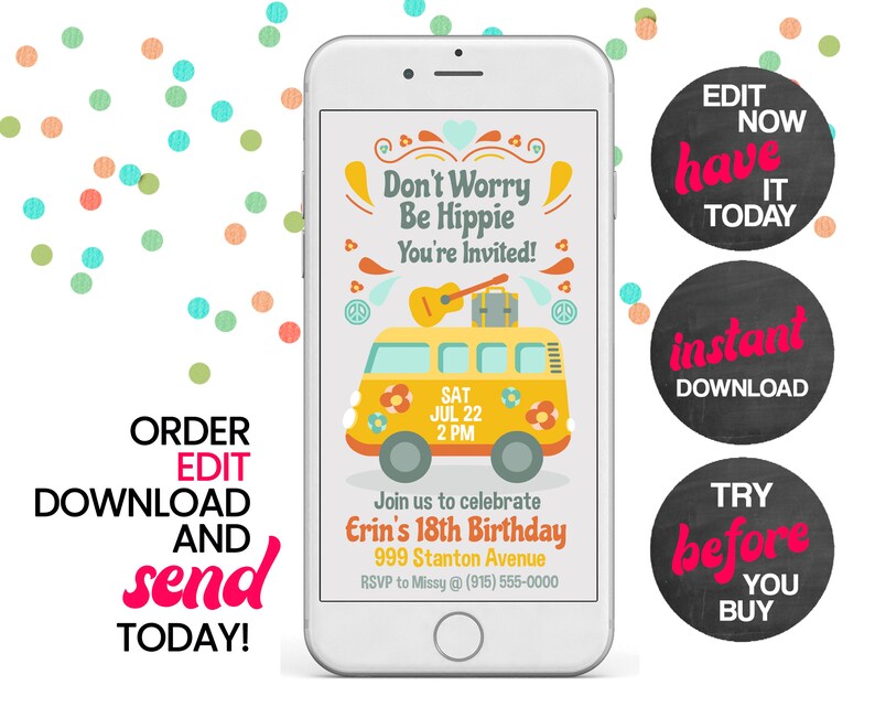 May include: A digital invitation for an 18th birthday party with a retro, hippie theme. The invitation features a yellow Volkswagen bus with flowers and peace signs, a guitar, and a suitcase. The text on the invitation reads "Don't Worry Be Hippie You're Invited!" and includes the date, time, and location of the party. The invitation is displayed on a smartphone screen.