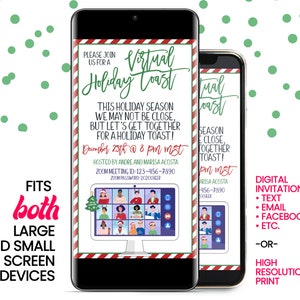 Puede incluir: Una invitaci&oacute;n digital para un brindis navide&ntilde;o virtual con un borde rojo y blanco a rayas. La invitaci&oacute;n presenta una pantalla de computadora con un grupo de personas en una videollamada. El texto de la invitaci&oacute;n dice "Virtual Holiday Toast" y "December 25th @ 8 pm MST".