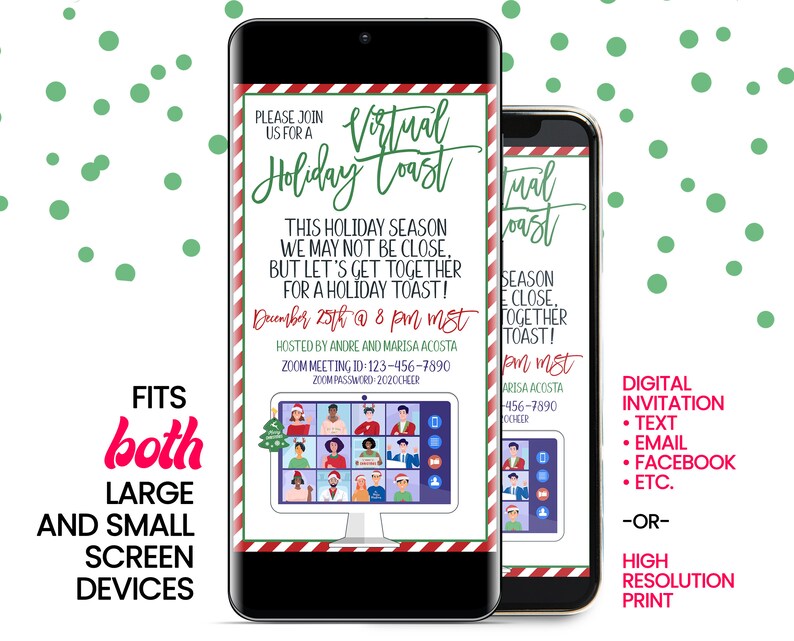 Puede incluir: Una invitaci&oacute;n digital para un brindis navide&ntilde;o virtual con un borde rojo y blanco a rayas. La invitaci&oacute;n presenta una pantalla de computadora con un grupo de personas en una videollamada. El texto de la invitaci&oacute;n dice "Virtual Holiday Toast" y "December 25th @ 8 pm MST".