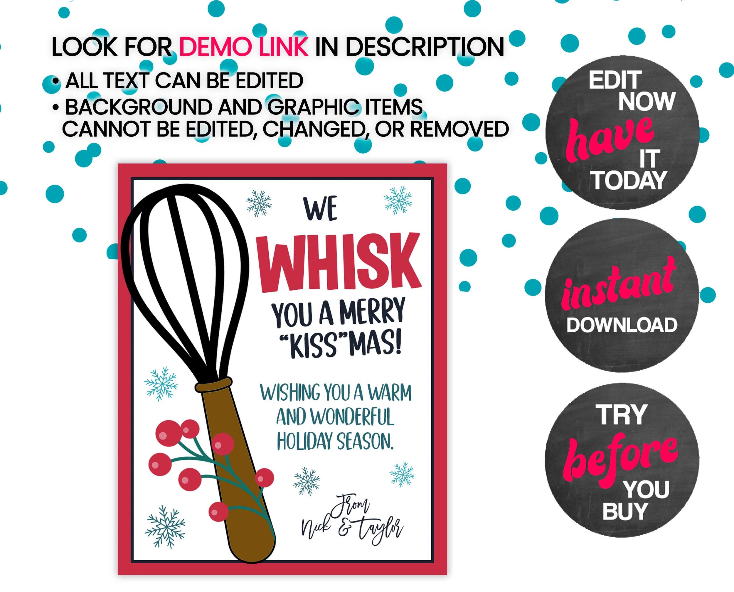 PRINTABLE We Whisk You a Merry Kissmas Holiday Editable Gift Tag ...