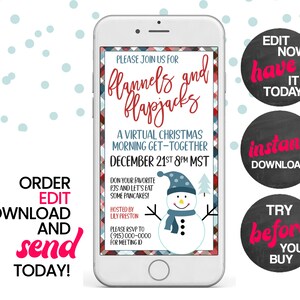 May include: A digital invitation for a virtual Christmas morning get-together with the text "Flannels and Flapjacks" in red and blue on a plaid background. The invitation includes a snowman graphic and the date and time of the event: December 21st, 8pm MST.