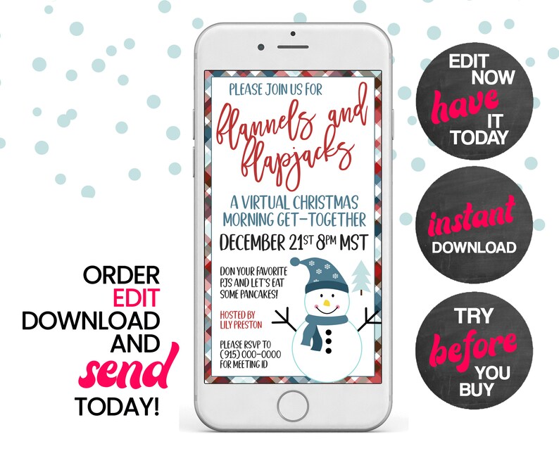 May include: A digital invitation for a virtual Christmas morning get-together with the text "Flannels and Flapjacks" in red and blue on a plaid background. The invitation includes a snowman graphic and the date and time of the event: December 21st, 8pm MST.