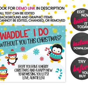 May include: A blue and white Christmas card with penguins and snowflakes. The card says "Waddle" I do without you this Christmas?" and "I hope you have a merry Christmas and a happy new year! Missing you lots! Love, Auntie Lexi."