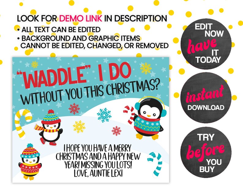 May include: A blue and white Christmas card with penguins and snowflakes. The card says "Waddle" I do without you this Christmas?" and "I hope you have a merry Christmas and a happy new year! Missing you lots! Love, Auntie Lexi."