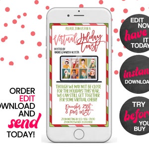 May include: Editable digital invitation for a virtual holiday toast. The invitation features a festive green, red, and white color scheme with a cartoon illustration of people on a video call. The text on the invitation reads "Virtual Holiday Toast" and includes the date and time of the event, as well as the Zoom meeting ID and password.