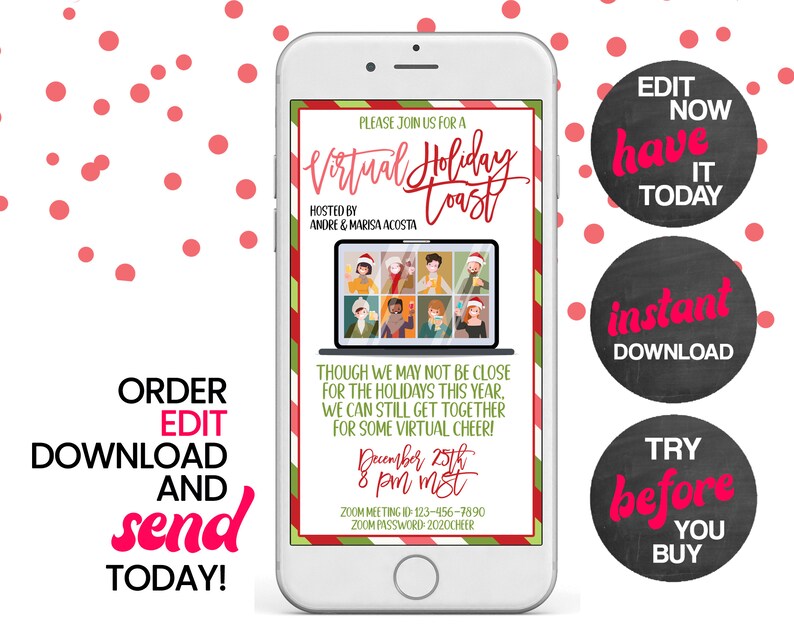 May include: Editable digital invitation for a virtual holiday toast. The invitation features a festive green, red, and white color scheme with a cartoon illustration of people on a video call. The text on the invitation reads "Virtual Holiday Toast" and includes the date and time of the event, as well as the Zoom meeting ID and password.