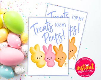 Pode incluir: Dois cartões imprimíveis com fundo azul claro e texto branco. O texto diz "Treats for my Peeps!" e apresenta uma imagem de desenho animado de três pintinhos de cor pastel.