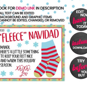 May include: A printable gift tag with a red and blue striped sock design. The tag says "2020 "Fleece" Navidad" and "Mandi, here's a little something to keep your feet nice and warm this holiday season. XOXO, Lexi".
