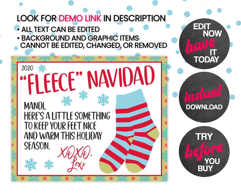 May include: A printable gift tag with a red and blue striped sock design. The tag says "2020 "Fleece" Navidad" and "Mandi, here's a little something to keep your feet nice and warm this holiday season. XOXO, Lexi".