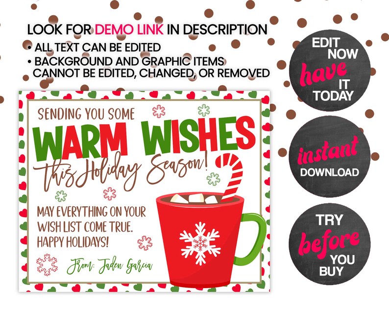 Op de afbeelding: Een afdrukbare kerstkaart met een rode mok warme chocolademelk en een snoepstok. De kaart zegt "Sending you some warm wishes this holiday season!" en "May everything on your wish list come true. Happy Holidays!" De kaart is versierd met rode en groene harten en sneeuwvlokken.