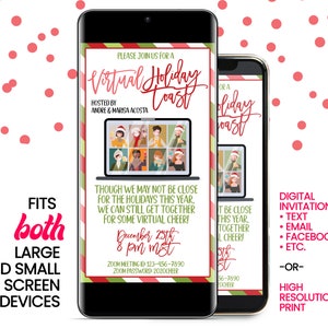 May include: A digital invitation for a virtual holiday toast. The invitation features a festive red and green design with a laptop screen showing people in a video call. The text reads "Virtual Holiday Toast" and includes the date and time of the event.