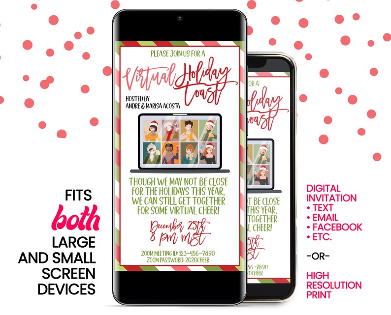 May include: A digital invitation for a virtual holiday toast. The invitation features a festive red and green design with a laptop screen showing people in a video call. The text reads "Virtual Holiday Toast" and includes the date and time of the event.