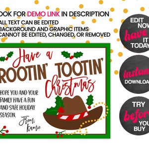 K&ouml;nnte beinhalten: Ein gr&uuml;nes und wei&szlig;es druckbares Weihnachtszeichen mit einem Cowboyhut und dem Text "Have a Rootin' Tootin' Christmas". Das Schild enth&auml;lt auch den Text "Hope you and your family have a fun and safe holiday season. From, Kamie."