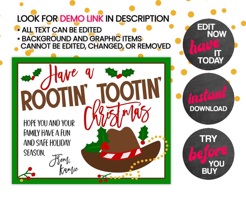 K&ouml;nnte beinhalten: Ein gr&uuml;nes und wei&szlig;es druckbares Weihnachtszeichen mit einem Cowboyhut und dem Text "Have a Rootin' Tootin' Christmas". Das Schild enth&auml;lt auch den Text "Hope you and your family have a fun and safe holiday season. From, Kamie."