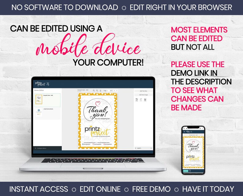 May include: A computer screen displaying a printable thank you card design template with a yellow and gold color scheme. The text on the card says "Thank you!" and "printz perfect". The screen is on a laptop computer. A mobile phone is also shown displaying the same design.