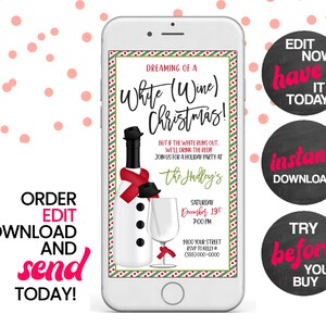 May include: A digital invitation for a White Wine Christmas party. The invitation features a snowman made of a bottle of white wine with a red scarf and a black top hat. The text on the invitation reads "Dreaming of a White (Wine) Christmas!" and includes the date, time, and location of the party.