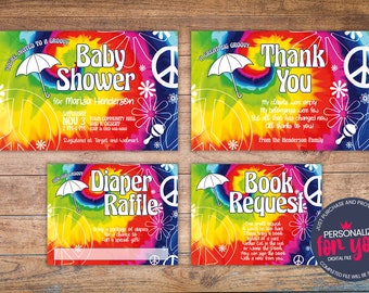 Hippie Groovy Tie-Dye Baby Shower Set | Baby Shower Invitation | Diaper Raffle | Book Request | Thank You