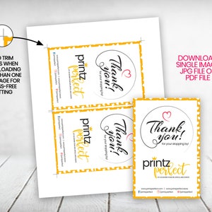 May include: Two printable thank you tags with a yellow and white polka dot pattern. The tags feature a circle with the text "Thank you!" and the words "for your stopping by". The text "printz perfect" is also included on the tags.
