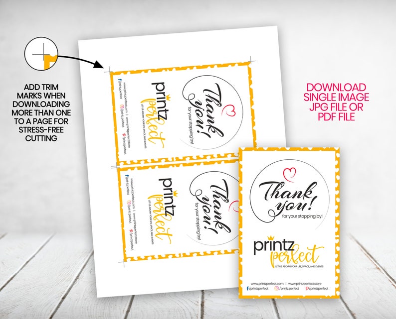 May include: Two printable thank you tags with a yellow and white polka dot pattern. The tags feature a circle with the text "Thank you!" and the words "for your stopping by". The text "printz perfect" is also included on the tags.