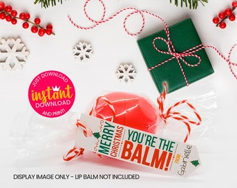 Pode incluir: Um bálsamo labial vermelho embrulhado em celofane transparente com uma etiqueta branca que diz "Feliz Natal Você é o Bálsamo!" com um pequeno gráfico de árvore de Natal. A etiqueta é amarrada com um barbante vermelho e branco. O bálsamo labial é um presente de Natal com uma etiqueta personalizada.