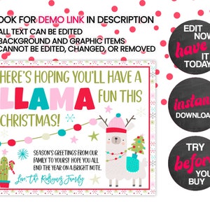May include: A printable Christmas card featuring a llama wearing a Santa hat and holding a Christmas tree. The card has a pink, red, and green color scheme and says "Here's hoping you'll have a llama fun this Christmas!"