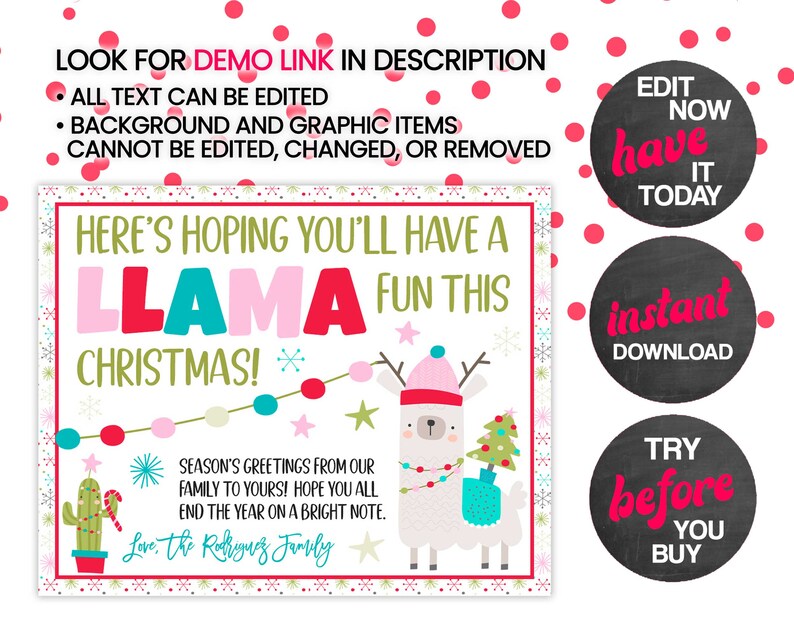 May include: A printable Christmas card featuring a llama wearing a Santa hat and holding a Christmas tree. The card has a pink, red, and green color scheme and says "Here's hoping you'll have a llama fun this Christmas!"