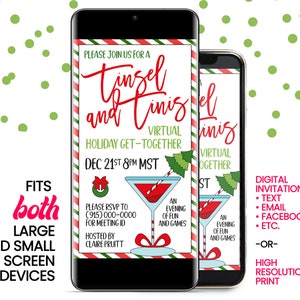 May include: A digital invitation for a virtual holiday get-together called "Tinsel and Tinis". The invitation features a red and green striped background with a festive cocktail glass and a Christmas tree. The text reads "Please join us for a Tinsel and Tinis Virtual Holiday Get-Together Dec 21st 8pm MST. Please RSVP to (915) 000-0000 for meeting ID. Hosted by Claire Pruitt. An evening of fun and games."