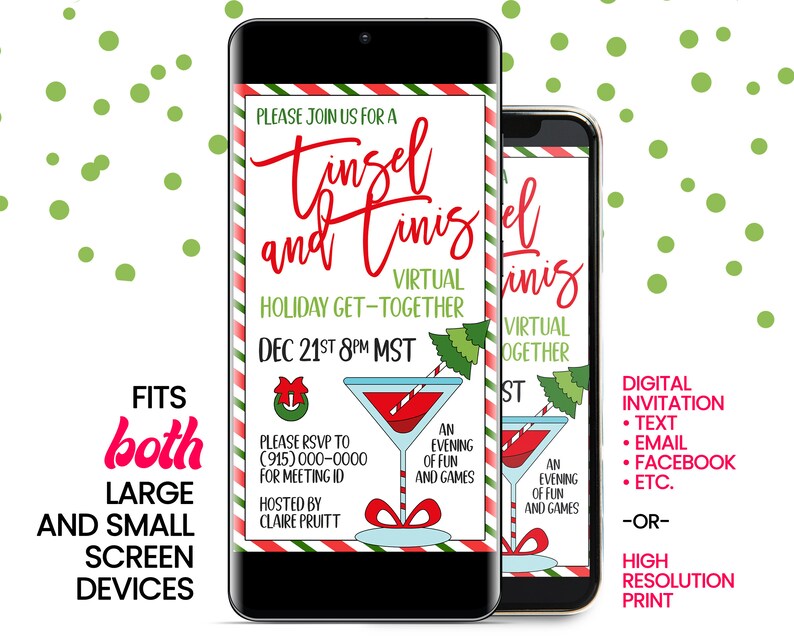 May include: A digital invitation for a virtual holiday get-together called "Tinsel and Tinis". The invitation features a red and green striped background with a festive cocktail glass and a Christmas tree. The text reads "Please join us for a Tinsel and Tinis Virtual Holiday Get-Together Dec 21st 8pm MST. Please RSVP to (915) 000-0000 for meeting ID. Hosted by Claire Pruitt. An evening of fun and games."