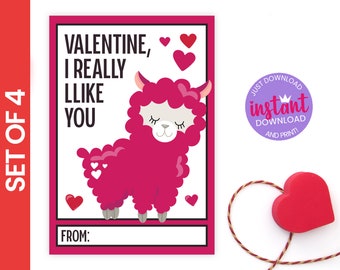 PRINTABLE Kid's Classroom Valentines Llama Fun Cards | Set of 4 | Digital Valentines | Llama Lover Friends Teacher School | Instant Download