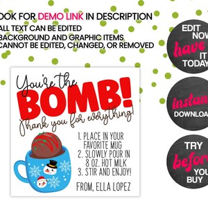 PRINTABLE You're the Bomb Christmas Editable Gift Tag | Family Coworker Teacher School Staff Hot Cocoa Chocolate Bomb | Corjl Edit Yourself image 2
