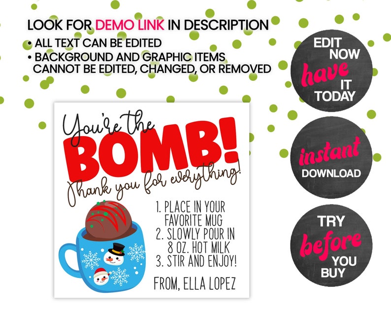 PRINTABLE You're the Bomb Christmas Editable Gift Tag | Family Coworker Teacher School Staff Hot Cocoa Chocolate Bomb | Corjl Edit Yourself image 2