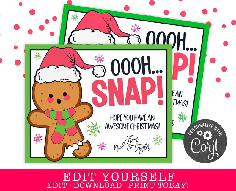 May include: A green and white printable gift tag with a gingerbread man wearing a red and white Santa hat and a green and pink scarf. The tag says "OOH... SNAP! HOPE YOU HAVE AN AWESOME CHRISTMAS! From Nick & Taylor"