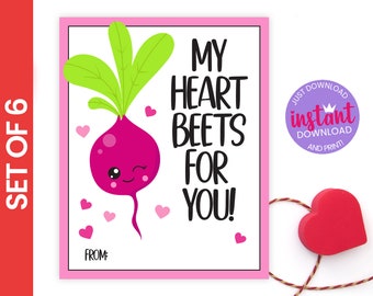 PRINTABLE Kid's Classroom Valentines Cards | Set of 6 | Cute Food Themed Digital Valentines | Friends Teacher School | Instant Download