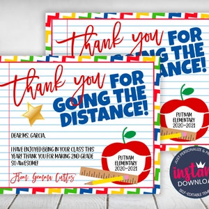 May include: A printable thank you card for a teacher. The card has a red apple with a face mask on it and the text "Thank you for going the distance!" in blue and white. The card also has a ruler and a gold star.