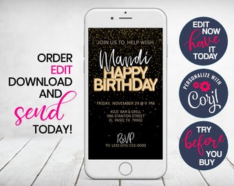 Gold Balloons and Glitter Birthday Digital Evite | Girl Birthday Gold Black| Corjl  Edit Yourself