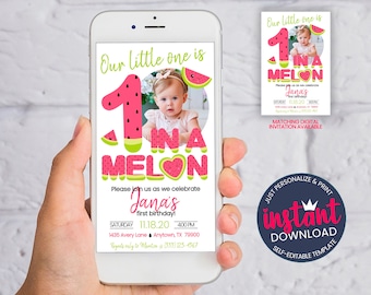 May include: A digital invitation for a first birthday party with a watermelon theme. The invitation features a pink number one with watermelon slices, the words "One in a Melon", and a photo of a baby girl. The text on the invitation reads "Our little one is One in a Melon. Please join us as we celebrate Jana's first birthday! Saturday, 11.18.20, 400 PM, 1435 Avery Lane, Anytown, TX 79900. Regrets only to Maritzm (555) 123-4567."