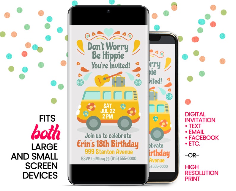 May include: A digital invitation for a birthday party with a retro, hippie theme. The invitation features a yellow van with flowers and peace signs, a guitar, and luggage on top. The text reads "Don't Worry Be Hippie You're Invited!" and includes the date and time of the party. The invitation is suitable for both large and small screen devices.
