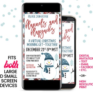 May include: A digital invitation for a virtual Christmas morning get-together. The invitation features a red and blue plaid background with a snowman graphic and the text "Flannels and Flapjacks". The text also includes the date and time of the event: December 21st, 8pm MST.