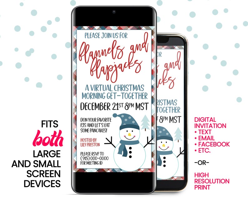 May include: A digital invitation for a virtual Christmas morning get-together. The invitation features a red and blue plaid background with a snowman graphic and the text "Flannels and Flapjacks". The text also includes the date and time of the event: December 21st, 8pm MST.