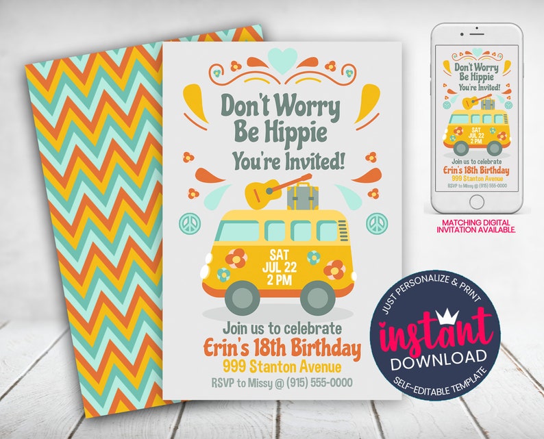 PRINTABLE Hippie Groovy Party Editable Invitation 70s Peace Sign Van ...