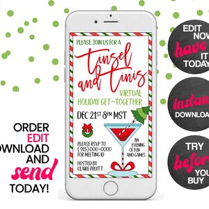 May include: A digital invitation for a virtual holiday get-together called "Tinsel and Tinis" on December 21st at 8pm MST. The invitation features a festive red and green color scheme with a martini glass and a Christmas tree.