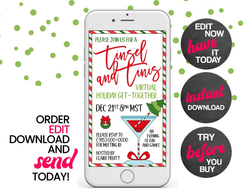 May include: A digital invitation for a virtual holiday get-together called "Tinsel and Tinis" on December 21st at 8pm MST. The invitation features a festive red and green color scheme with a martini glass and a Christmas tree.